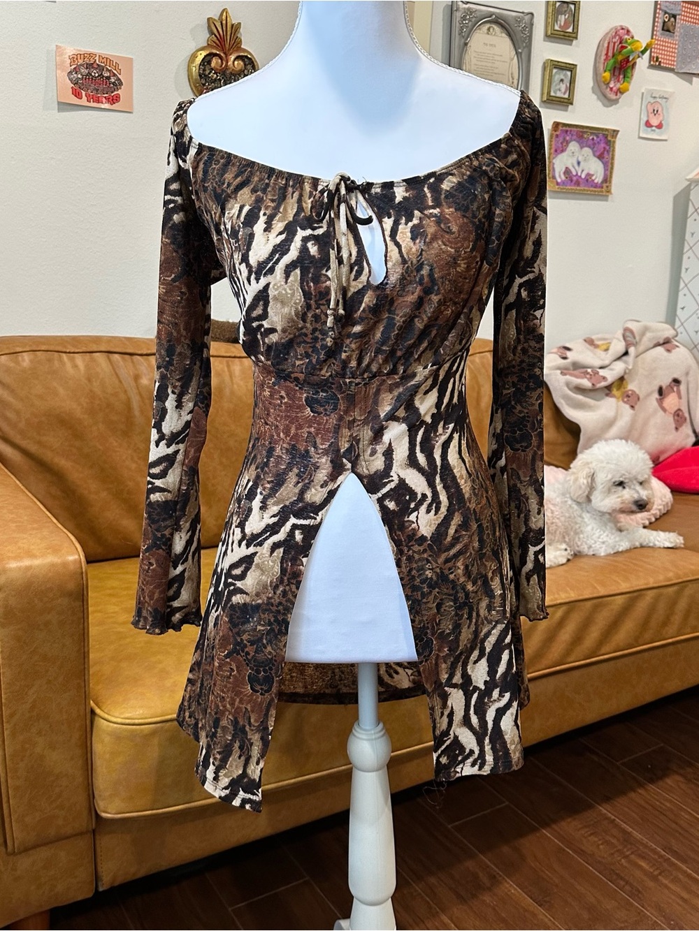 Brown tiger Animal Print Off-Shoulder top with flared sleeves